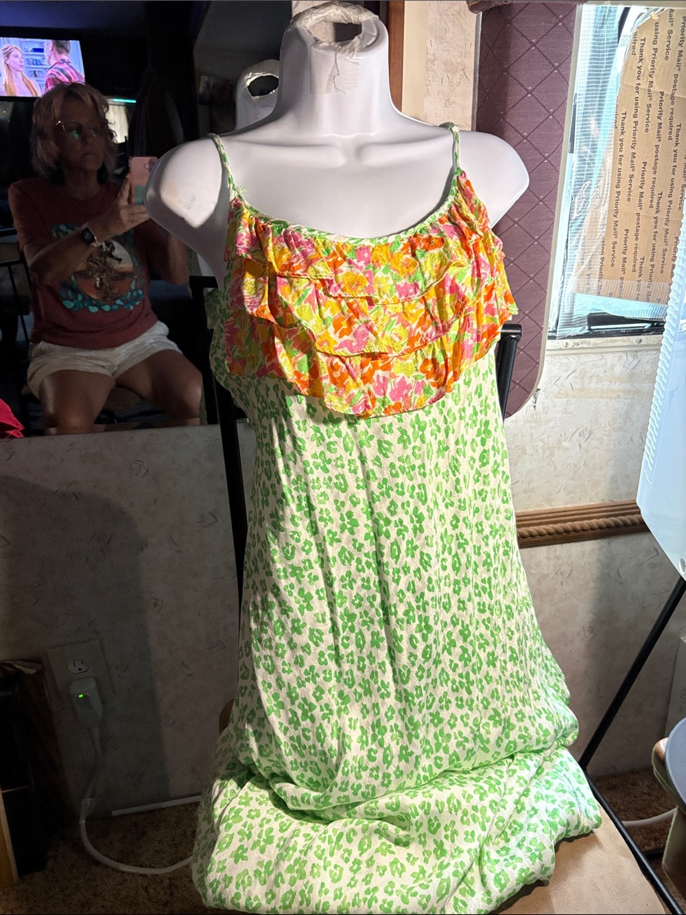 RIXO Green and Pink Floral Maxi Dress with Orange Accented Ruffle